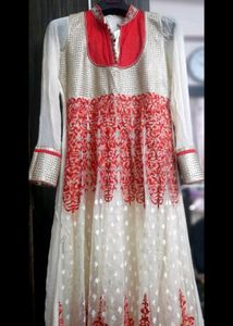 Red &amp; Cream Embroidered Anarkali Gown For Weddings