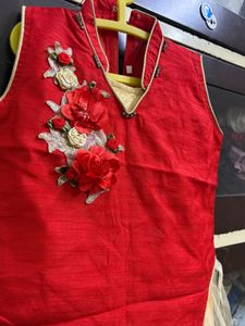 Cute Red &amp; Cream Girls' kurti cut lehenga