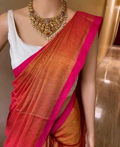 Elegant Tissue  cotoon with Pink Border saree