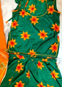 #Green Floral Print Lehenga Choli Set