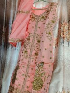 Peach Embroidered Kurta Set with Dupatta