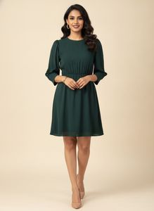 Chic Dark Green Puff Sleeve Dress