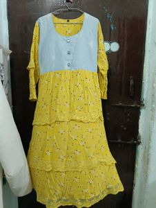 Vibrant Yellow Tiered Kurta with Denim Overlay