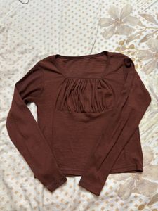 Brown Ruched Square Neck Top