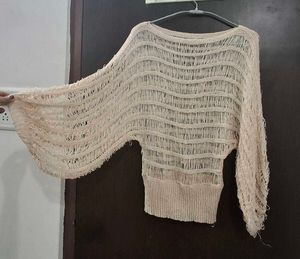 Aesthetic Distressed Open-Knit Batwing Sleeve Top