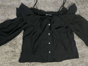 Zara Black Off-Shoulder Top – Ruffles, Bow Tie &amp; B