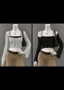 Sheer Bell Sleeve Crop Top Set