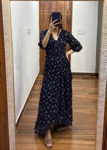 Navy Blue Floral Wrap Maxi Dress