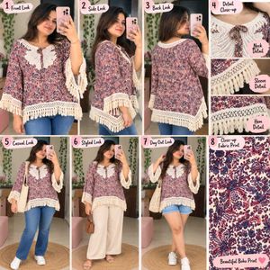 Boho Floral Print Tunic Top with Fringe