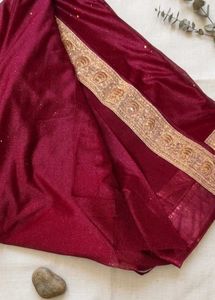 Royal Wine Shimmer Saree with Golden Zari Border