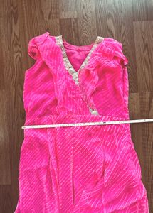 Vibrant leheriya pink dress with Embellished Neckl