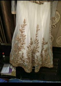 Elegant White &amp; Gold Embroidered Gown