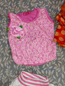 Girls Pink Lace Crop Top &amp; Skirt Set