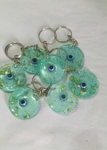Evil Eye Keychain Blue Green Gold Flakes