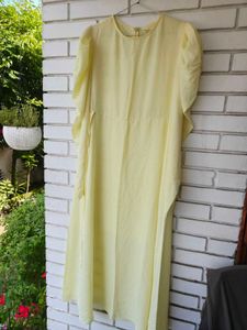 Elegant Yellow Puff Sleeve Midi Dress