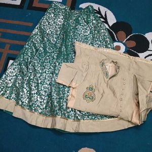 Elegant Beige Kurta with Green Skirt Set