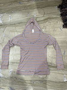 Striped Hooded V-Neck Top