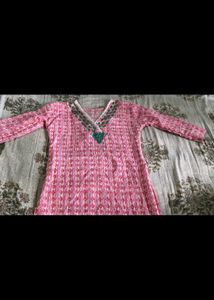 Pink Printed Kurta with Embellished Neckline