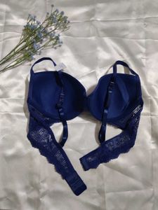 Navy Blue Lace Trim Bra