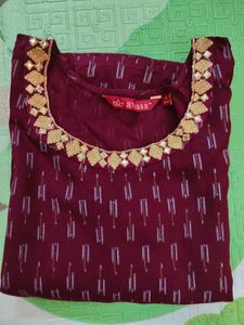 Burgundy Textured Straight Kurta With Palazzos