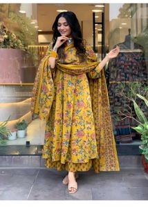 Yellow Floral Print Kurta Set with Dupatta
