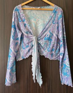 Swirl Print Mesh Tie-Front Top