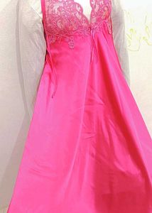 dubai Vibrant Pink Lace Trim Nightgown