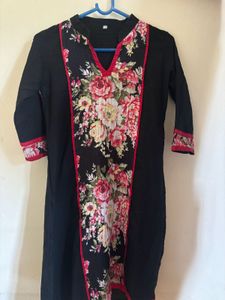 Mid- length Black Kurta with Floral Print
