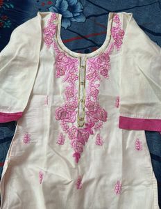 Embroidered Cream Kurta with Pink Accents