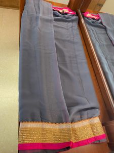 🌚Grey Saree with Pink & Gold Border🌚