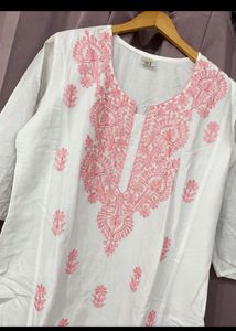 White Kurta wth Pink Embroidery