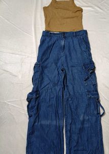 Trendy Beige Ribbed Cami Top + Blue Wide Leg Cargo