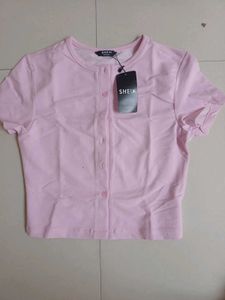 Branded Pink Button-Up Crop Top