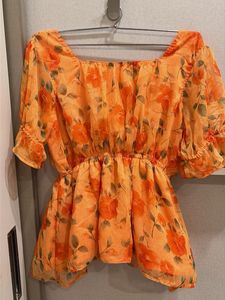 Orange Floral Puff Sleeve Top