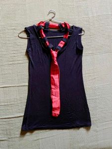 Sleeveless Black Top with Red Tie