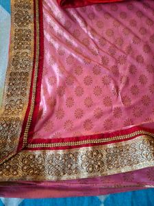 Pink Saree with Red stitched Blouse