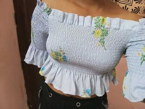 Light Blue Floral Smocked Crop Top