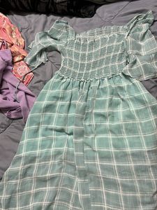 Smocked Plaid Square Neck Dress