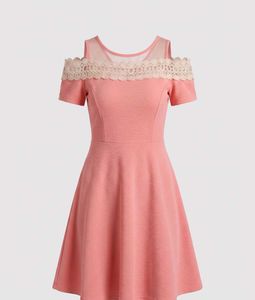 Chic Coral Cold Shoulder Lace Trim Dress