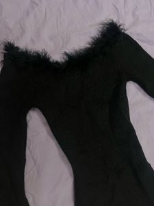 Black Fur Trimmed Bell Sleeve Top