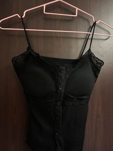 Black Lace Trim Button-Up Camisole