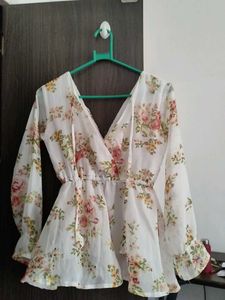 White Floral Print V-Neck tunic Top| Chiffon