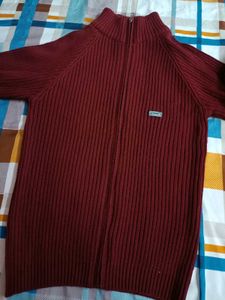 Men's Maroon Ribbed Zip-Up Sweater