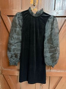 Elegant Black Velvet Dress with Sheer Sleeves
