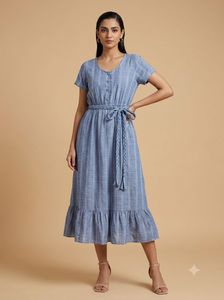 Casual Chic Blue & White Striped Midi Dress with W