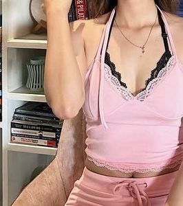 Pink Lace Trim Halter Top