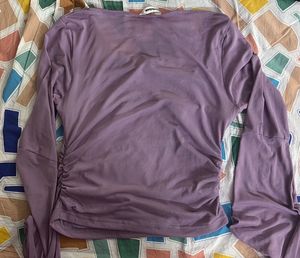 square neck rushed mesh flared long sleeve top in