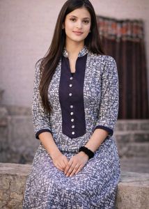 Elegant Grey Printed A-Line Kurti with Black Panel