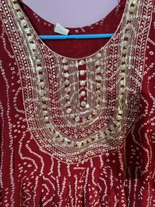 Red Printed Kurta with Embroidery