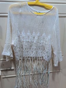 White Crochet Fringe Top